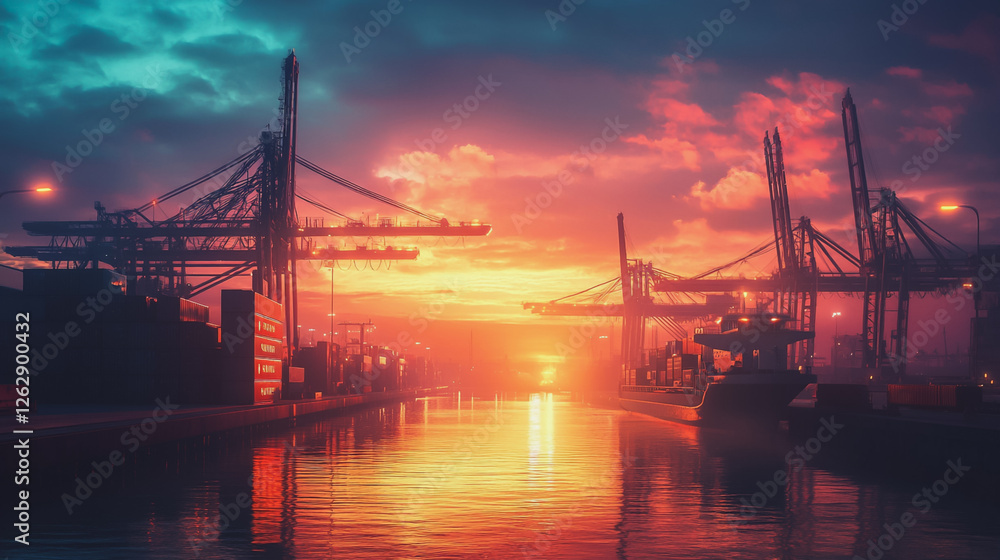 Obraz premium Container truck in ship port for business Logistics and transportation of Container Cargo ship and Cargo plane with working crane bridge in shipyard at sunrise, logistic import export and transport