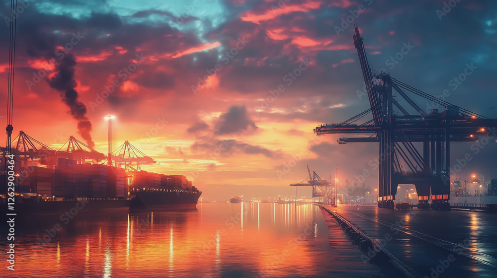 Obraz premium Container truck in ship port for business Logistics and transportation of Container Cargo ship and Cargo plane with working crane bridge in shipyard at sunrise, logistic import export and transport