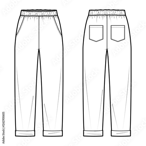 Technical flat sketch of Pajama long pants. Roll-up lounge easywear pull on pants. Side seam pocket and patch pocket. Vector mock up Template. 