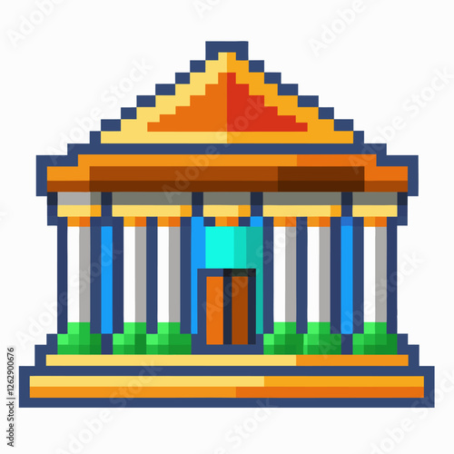 Colorful Pixel Art Building with Columns and Triangle Roof