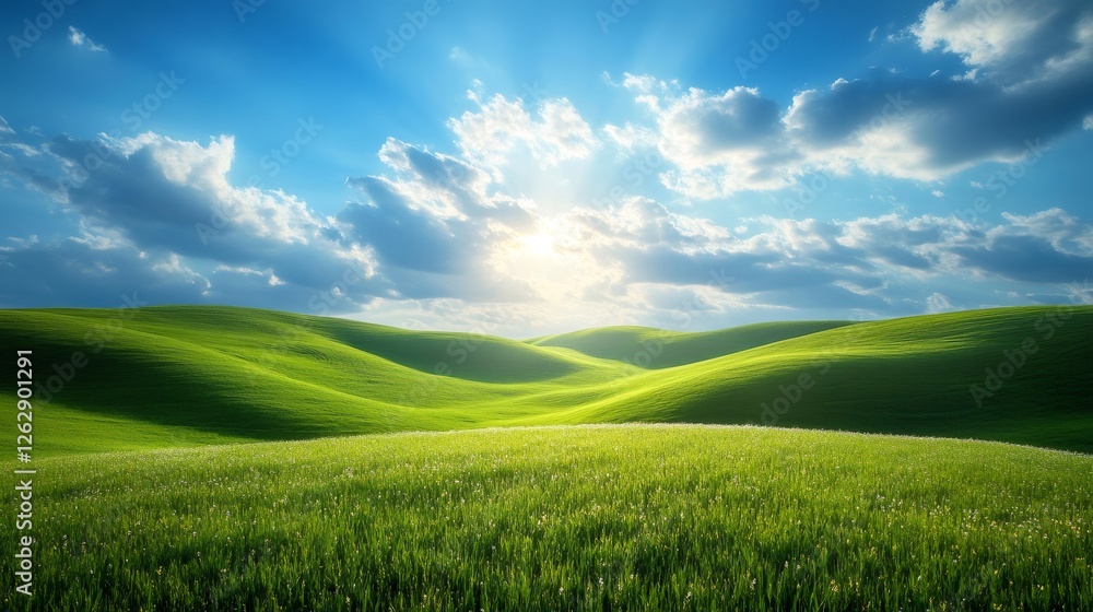 Rolling green hills basking in sunlight under a cloudy sky Rolling green hills basking in sunlight under a cloudy sky