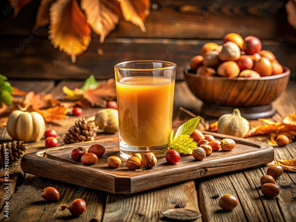 A delicious and healthy hazelnut latte, perfect for autumn. Fruit-garnished, served on a wooden tray for a cozy experience. A delicious and healthy hazelnut latte, perfect for autumn. Fruit-garnished, served on a wooden tray for a cozy experience.
