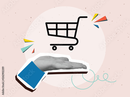 Black and white hand holding supermarket cart - consumer concept. Modern photo collage style. Vector illustration