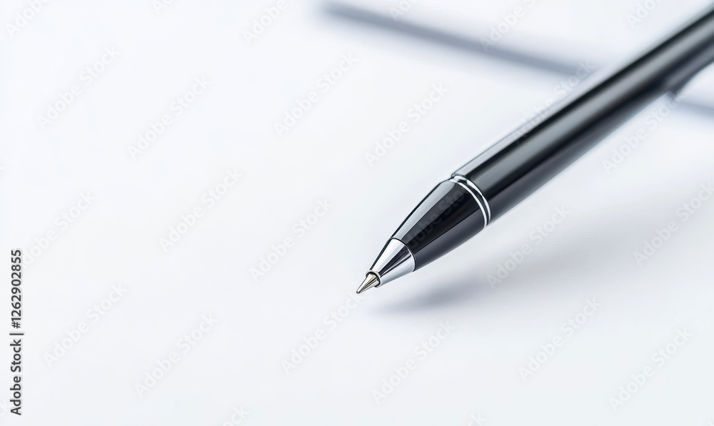 Macro view of a sleek black pen on a clean white surface Macro view of a sleek black pen on a clean white surface