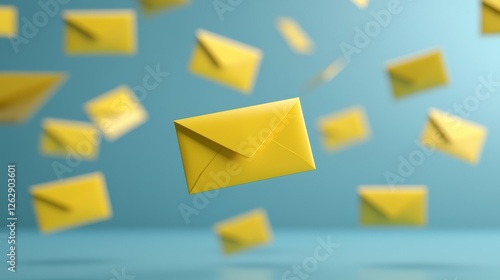 Free Download Colorful yellow envelopes float in a dreamy blue background, symbolizing communication, sending messages, and creativity. - GFXLoad