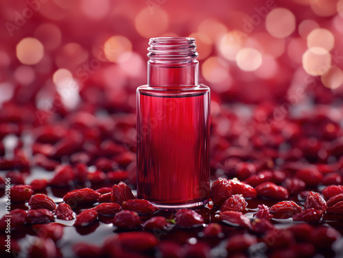 Vibrant red goji berry and cranberry elixir in a glass bottle with dried berries, highlighting natural wellness and longevity