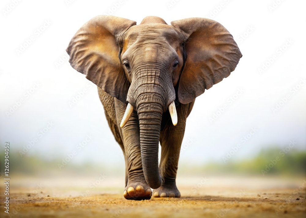 Fototapeta premium A solitary African elephant, front and center, dramatically set against a pure white background.