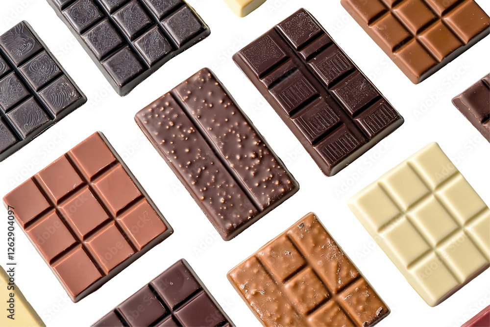 A row of chocolate bars with different flavors and colors. ,on transparent background. A row of chocolate bars with different flavors and colors. ,on transparent background.