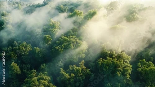 Misty Forest with Sunlight Streaming Through Trees and Serene Nature