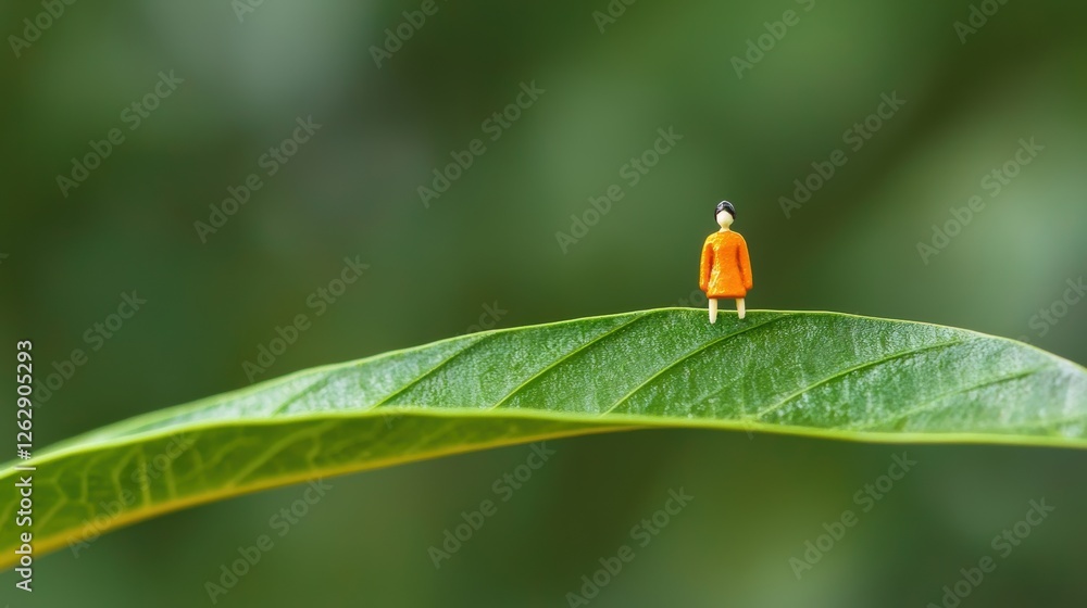 A miniature figure stands on a vibrant green leaf, symbolizing nature, growth, and the connection between humans and the environment. A miniature figure stands on a vibrant green leaf, symbolizing nature, growth, and the connection between humans and the environment.