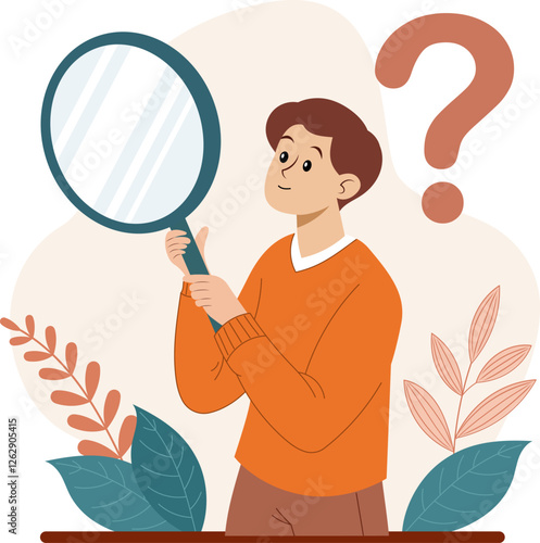 Illustration of a young man holds a large magnifying glass. He looks thoughtful and has a question mark, evoking curiosity and an inquisitive spirit.