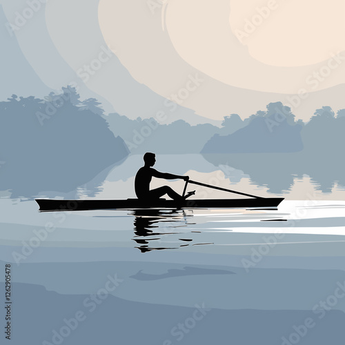 Silhouette of a rower paddling smoothly on a calm lake at dawn with a tranquil scenery
