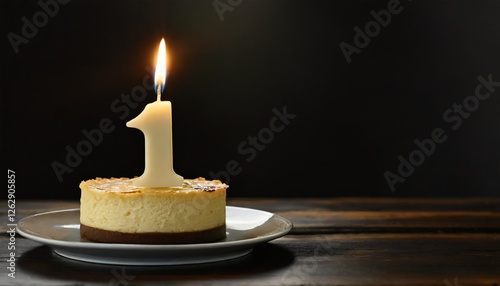 1st Anniversary candle lit on a cake with copy space