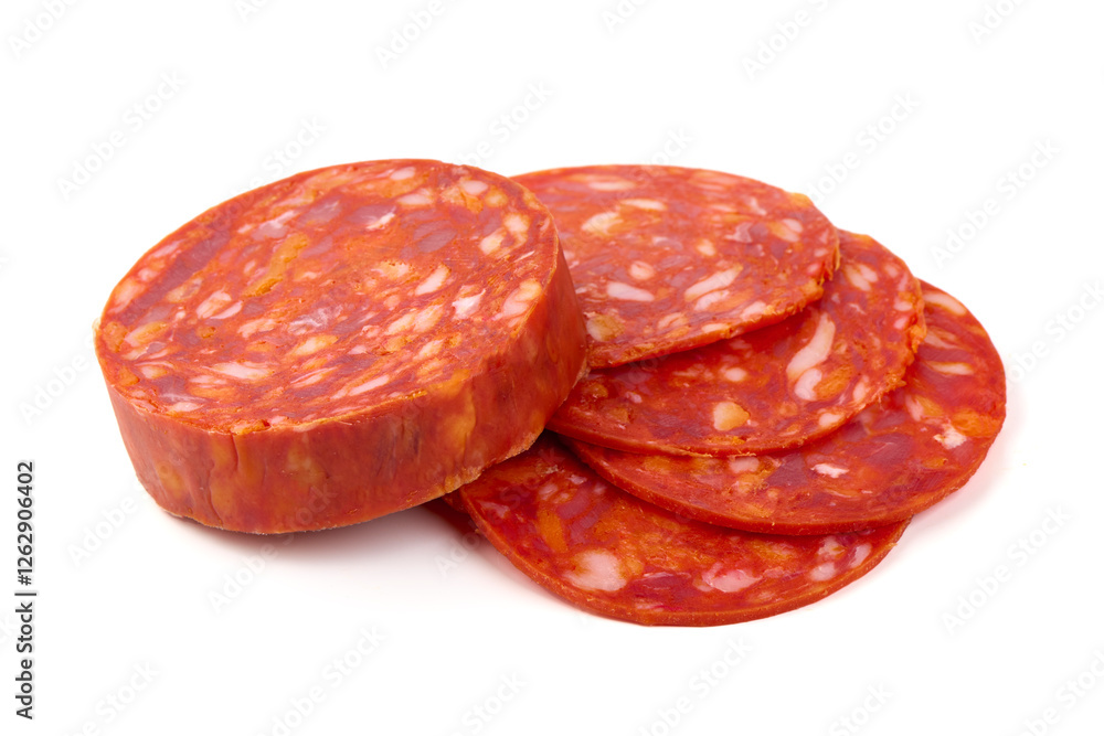 Chorizo Sausage Slices Isolated on White Background.