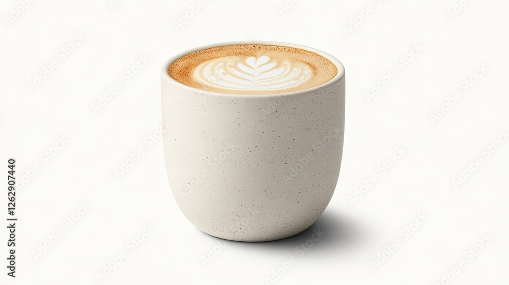 A latte in a white cup, with smooth, velvety foam art on top, sitting against a clean white background. A latte in a white cup, with smooth, velvety foam art on top, sitting against a clean white background.