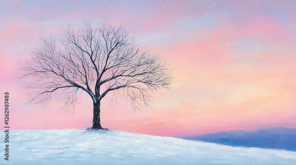 Rising from the snow, the lone tree with its bare branches stands as a poignant silhouette against the pastel hues of a winter sunset Rising from the snow, the lone tree with its bare branches stands as a poignant silhouette against the pastel hues of a winter sunset