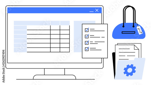 Computer monitor displaying a spreadsheet, checklist with checkmarks, shopping bag with price tag, and documents. Ideal for task management, e-commerce, organization, productivity, inventory