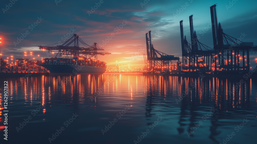 Naklejka premium Container truck in ship port for business Logistics and transportation of Container Cargo ship and Cargo plane with working crane bridge in shipyard at sunrise, logistic import export and transport