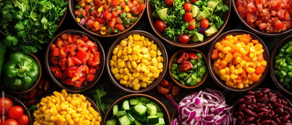A vibrant display of fresh vegetables in colorful bowls, showcasing an assortment of healthy ingredients perfect for salads or garnishes. A vibrant display of fresh vegetables in colorful bowls, showcasing an assortment of healthy ingredients perfect for salads or garnishes.