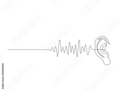Continuous one line drawing of human ear with wave lline. Human ear in single line draw illustration. Editable stroke.