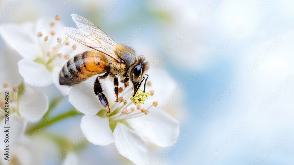 Honeybee on spring blossom, soft focus, nature background. Possible use stock photo for nature, ecology, and spring themes Honeybee on spring blossom, soft focus, nature background. Possible use stock photo for nature, ecology, and spring themes