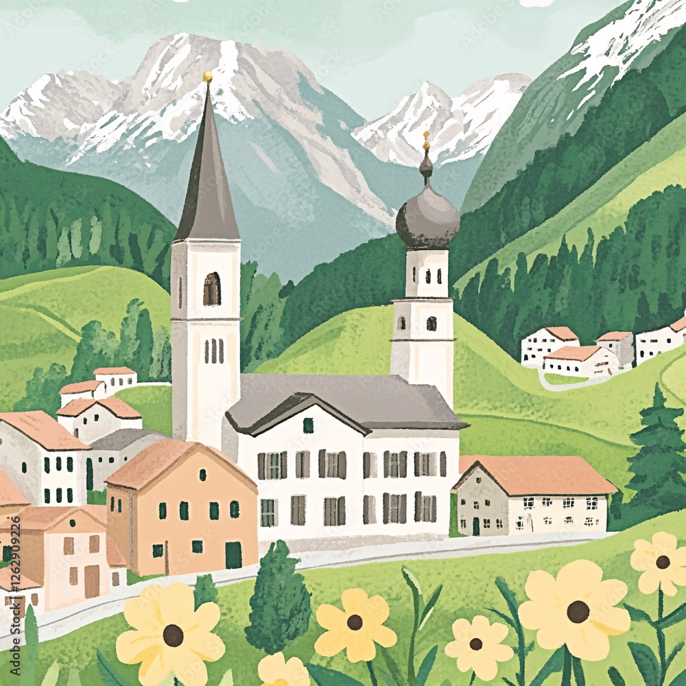 Naklejka premium A quaint European village scene nestled among rolling hills and majestic snow-capped mountains, bathed in sunshine and blooming with yellow flowers.