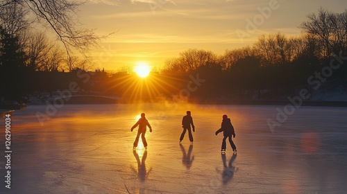 a winter sunrise over a frozen lake, where ice skaters gracefully glide, leaving behind sparkling trails.