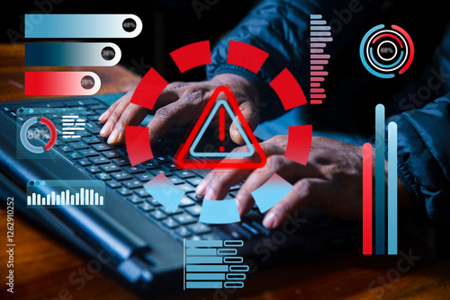 An entrepreneur types on keyboard futuristic digital graphics representing risk management data analytics and business security highlighting risk assessment, mitigation, and strategic decision-making