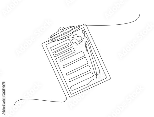Continuous one line drawing of clipboard and pen design. Clipboard with checklist and pen in single line draw illustration. Editable stroke.