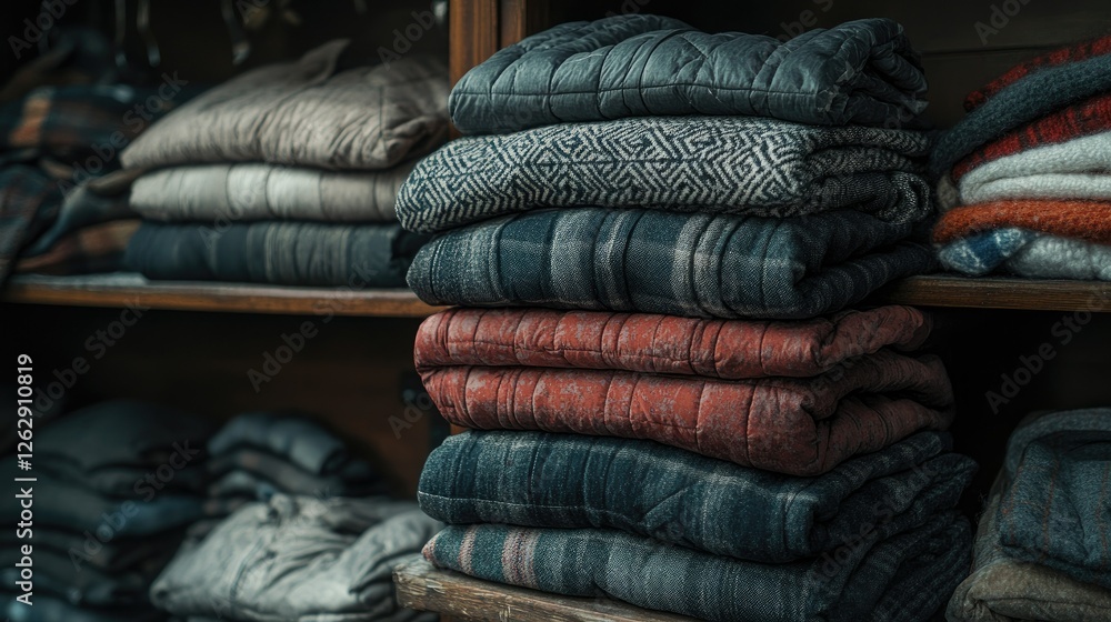 A pile of winter jackets stacked neatly on a wooden shelf, with the winter season's chill subtly reflected in the background.