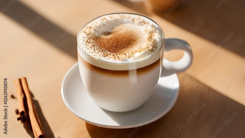 Cappuccino in a glass mug on oak table, cinnamon sprinkle, minimalist flat lay, commercial use» Cappuccino in a glass mug on oak table, cinnamon sprinkle, minimalist flat lay, commercial use»