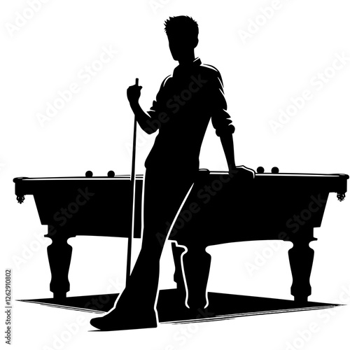 Black silhouette of a billiard player near the billiard table, transparent background, vector