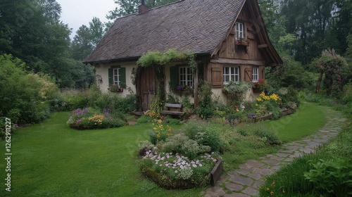 Pixelated Charming Cottage In Garden With Lush Forest like Setting with Colorful Flowers and Pathway photo