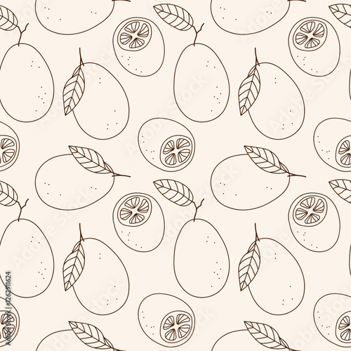 Vector seamless pattern with Kumquat citrus plants. Repeating  background with exotic fruits. Hand drawn rapport with whole and half juicy Fortunella. Food illustration for label, wrapping, textile