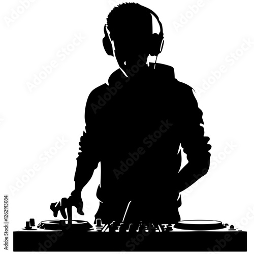 Black silhouette of a DJ at the DJ console, transparent background, vector