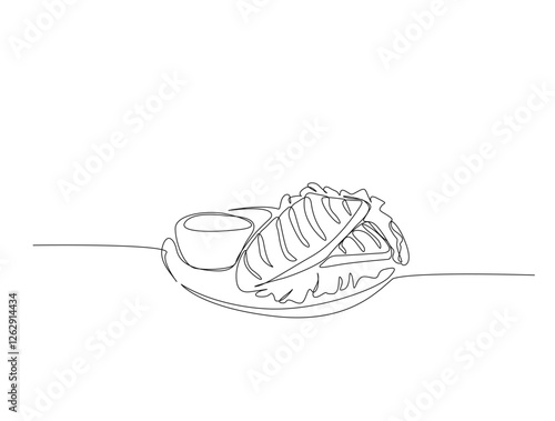 Continuous one line drawing of grilled beef steak. Grilled steak on plate in single line draw illustration. Editable stroke.