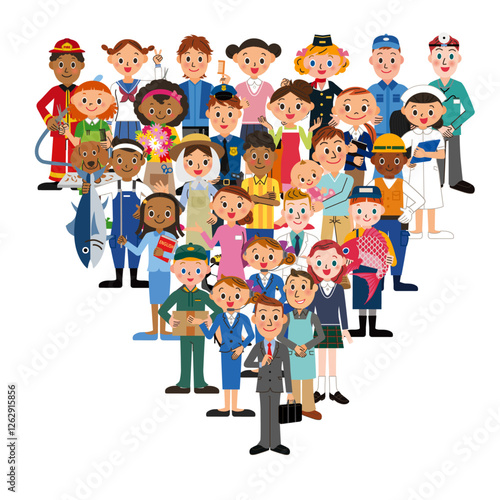 沢山の色々な仕事をしている人々が集合してるイラスト