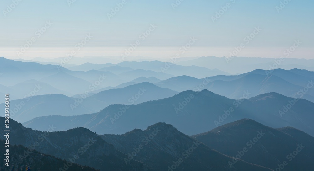 Blue Mountain Range with Foggy Mist Layers at a Distance Blue Mountain Range with Foggy Mist Layers at a Distance