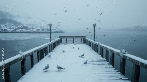 snow-dusted pier seem unbothered by the cold, their small forms contrasting with the vast, frozen Norwegian landscape photo