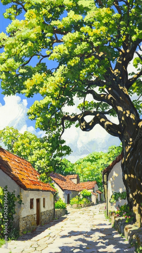 Sunny village lane, tree shade, summer day, idyllic scene, postcard Sunny village lane, tree shade, summer day, idyllic scene, postcard