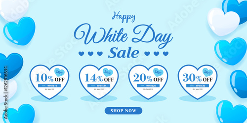 Happy White Day Sale coupon template vector design. Heart balloons on baby blue background