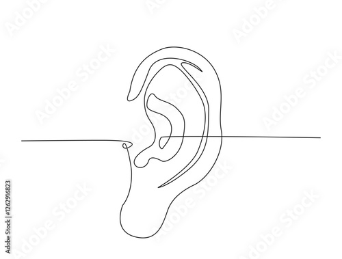 Continuous one line drawing of human ear anatomy. Human ear in single line draw illustration. Editable stroke.