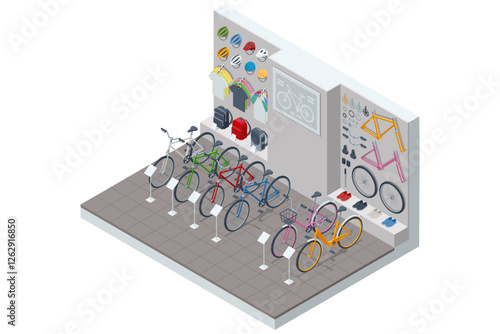 An isometric, vector illustration of a bicycle shop with a variety of bicycles, spare parts, and cycling accessories on display for customers.