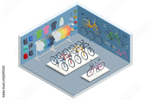 An isometric, vector illustration of a bicycle shop interior featuring a variety of bikes, accessories, clothing, and helmets for cycling enthusiasts.