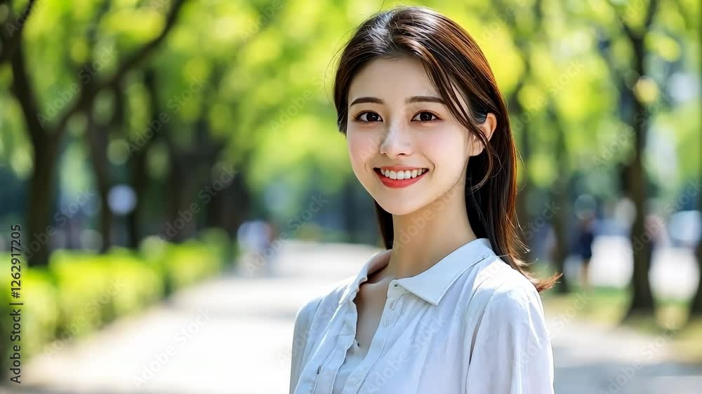 Smiling woman enjoying sunny outdoor park with cheerful atmosphere. Smiling woman enjoying sunny outdoor park with cheerful atmosphere.
