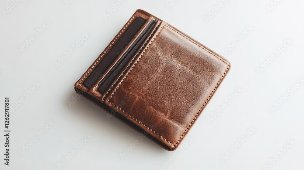 A top-down view of an empty brown leather wallet with multiple card slots visible, isolated on a clean background. A top-down view of an empty brown leather wallet with multiple card slots visible, isolated on a clean background.