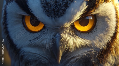 Owl close up. Portrait of a beautiful predator and hunter bird. Yellow clazas and large beak of an owl. photo