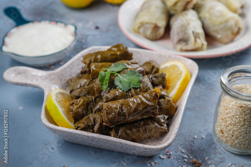 Delicious dolma (sarma) stuffed grape leaves rice. photo