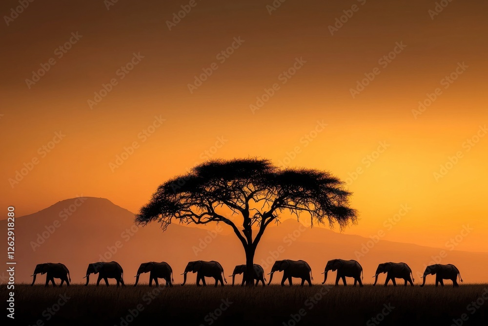 Breathtaking sunset silhouette of a herd of elephants grazing peacefully on the savannah landscape against a dramatic orange sky Breathtaking sunset silhouette of a herd of elephants grazing peacefully on the savannah landscape against a dramatic orange sky