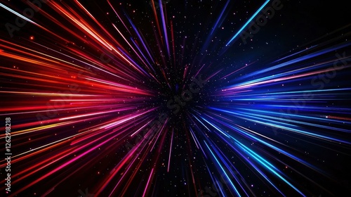 Vibrant red and blue light streaks create a motion blur effect, resembling a starburst in dark space, with scattered stars on a black backdrop